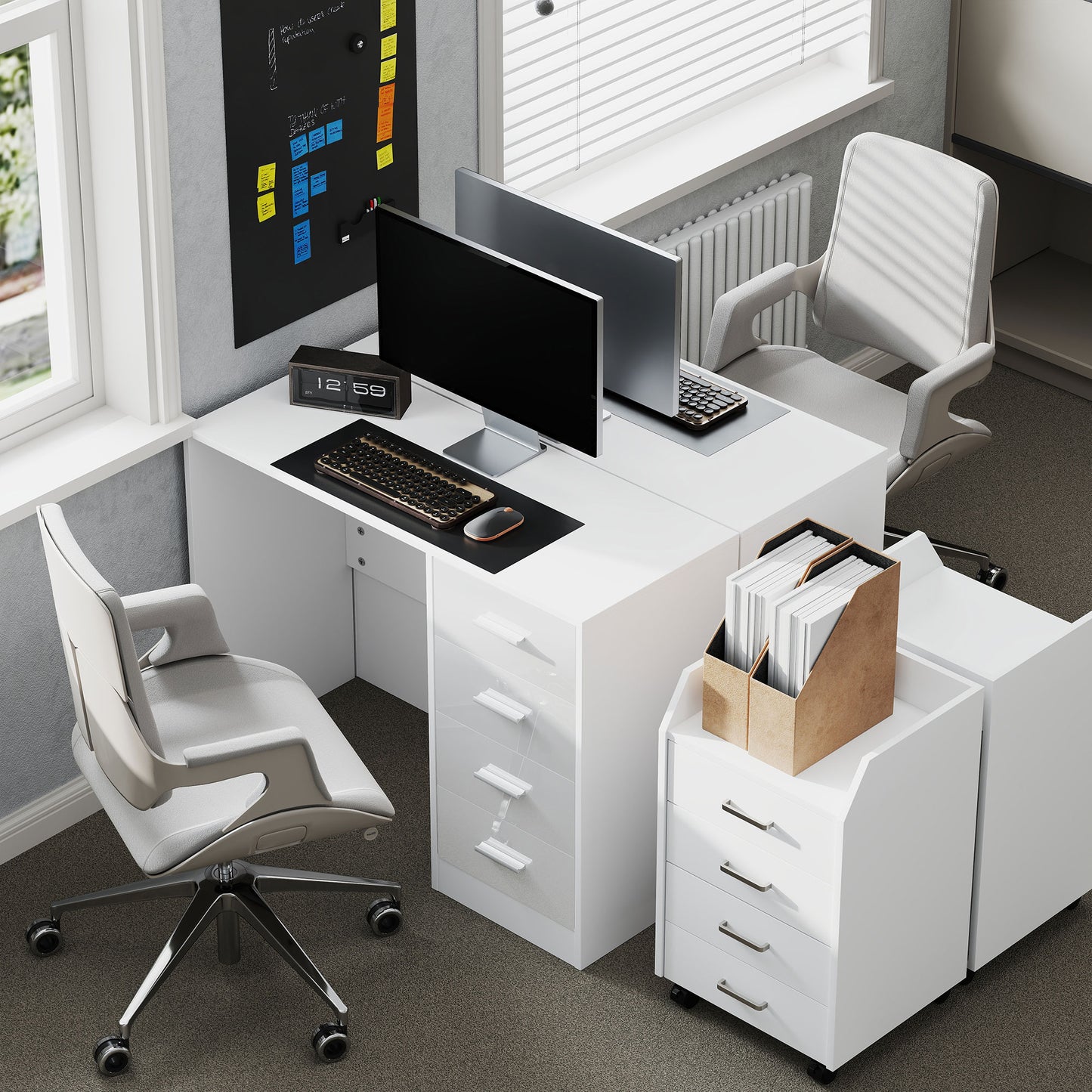 Reka 98cm High Gloss White Desk 4 Drawers For Home Office
