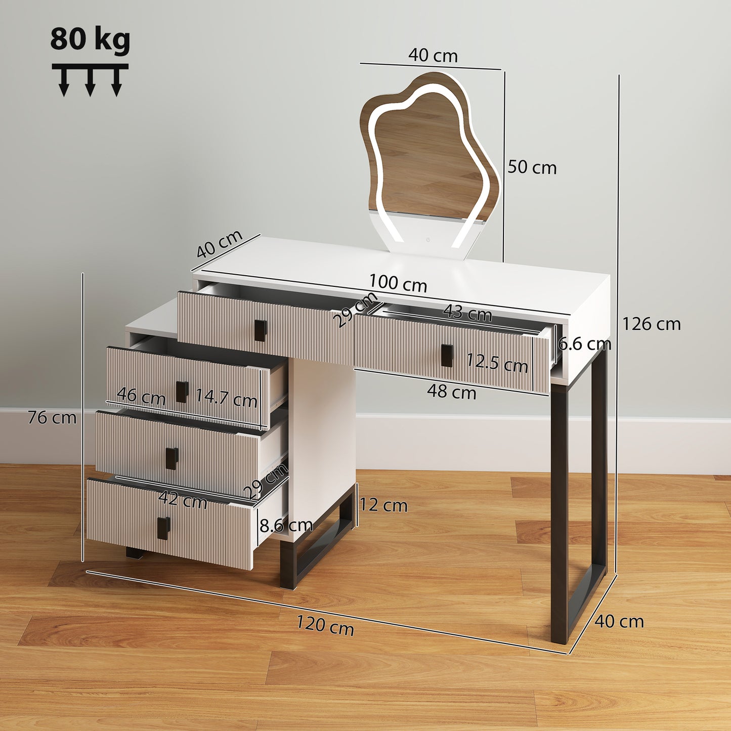 Nalomo White Vanity Desk With Leaf ShaFauxd Mirror 5 Drawers And 3 Colour LED Lighting