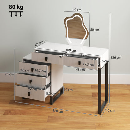 Nalomo White Vanity Desk With Leaf ShaFauxd Mirror 5 Drawers And 3 Colour LED Lighting