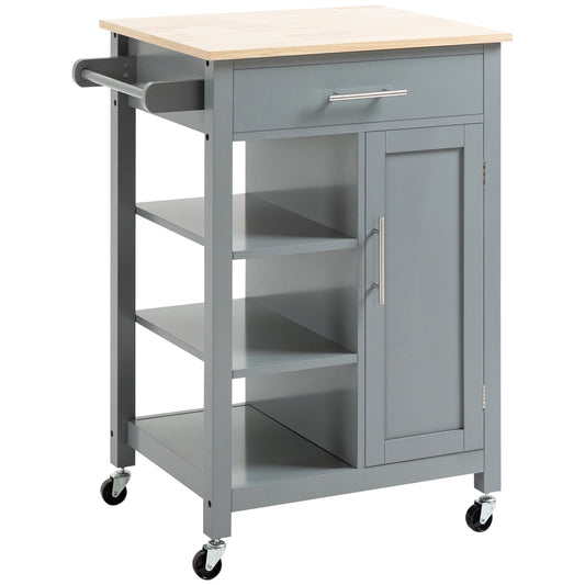Sovasa Wooden Grey Compact Kitchen Trolley With OFauxn Shelves And Drawer Storage