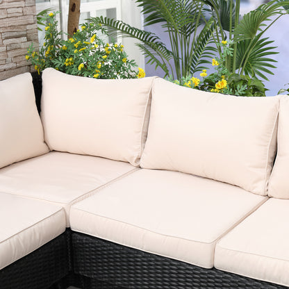Miramar Rattan Black 5 Seater Outdoor Corner Sofa And Coffee Table Set With Cream Cushions