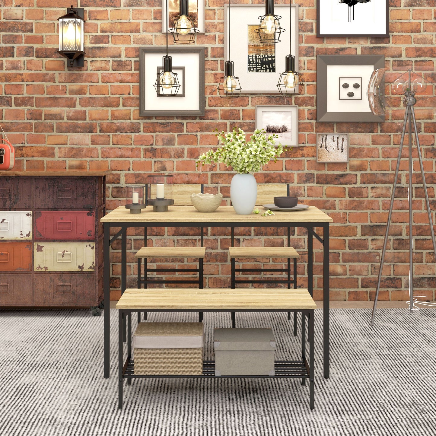 Kesudi Wooden Natural Square Dining Set Seating 4 With Bench