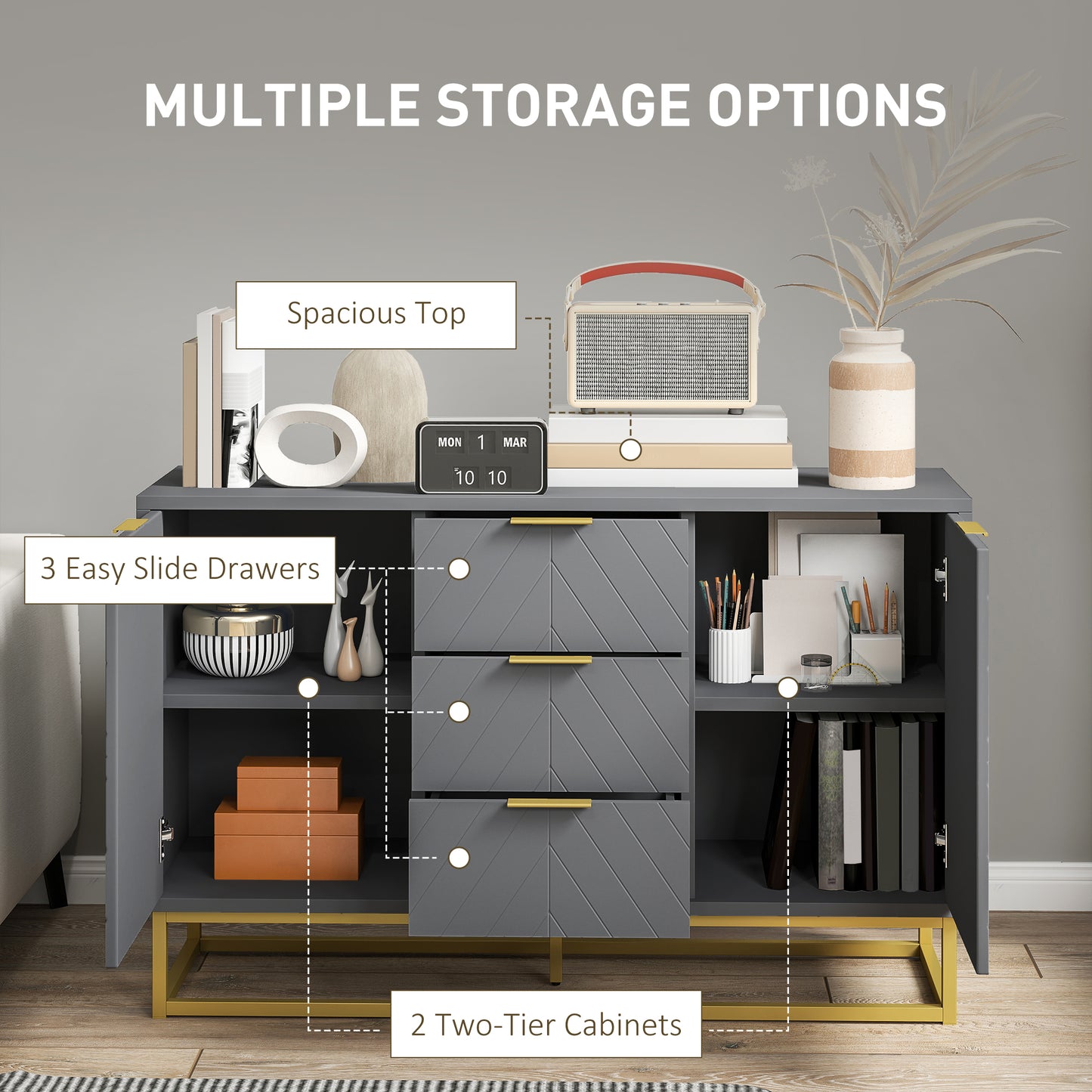 Veli Grey Sideboard With 3 Drawers 2 Doors 2 Sehelves