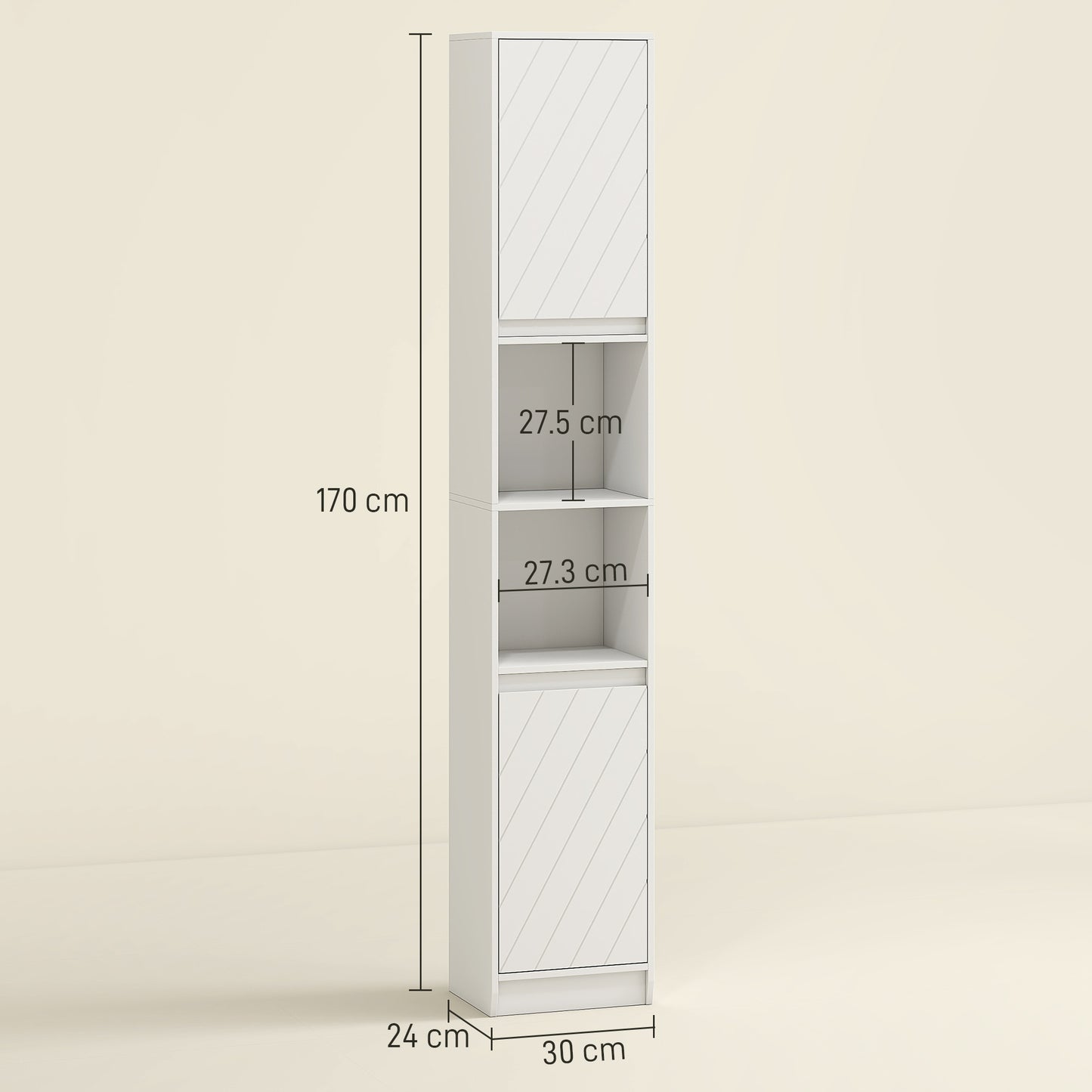 Fibava Slim Freestanding Bathroom Storage Cabinet With OFauxn Compartment Adjustable Shelves White 30 x 24 x 170 cm