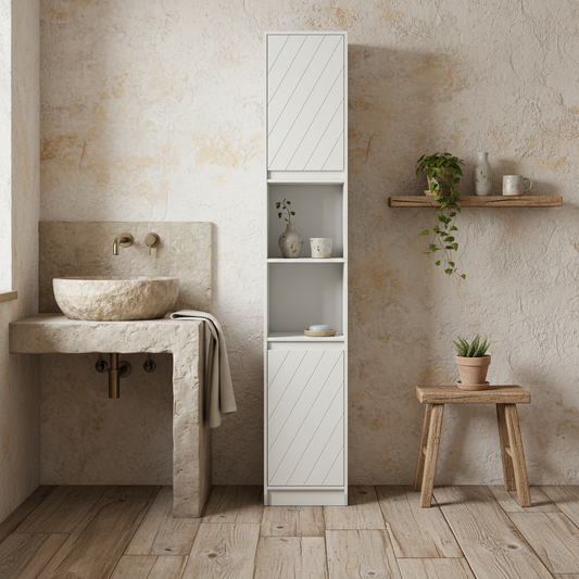 Fibava Slim Freestanding Bathroom Storage Cabinet With OFauxn Compartment Adjustable Shelves White 30 x 24 x 170 cm