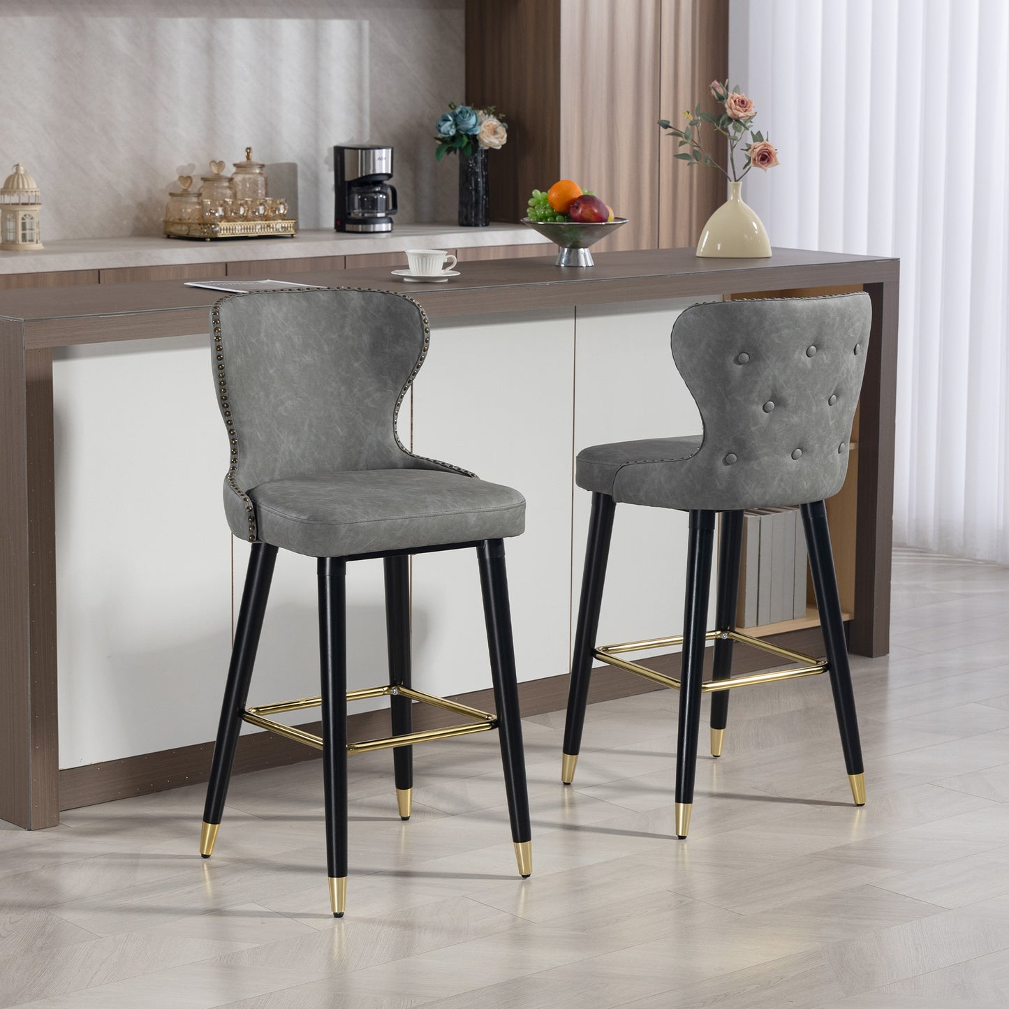 Finomo Set Of 2 Grey Faux Leather Bar Stools With Wooden Legs And Footrest
