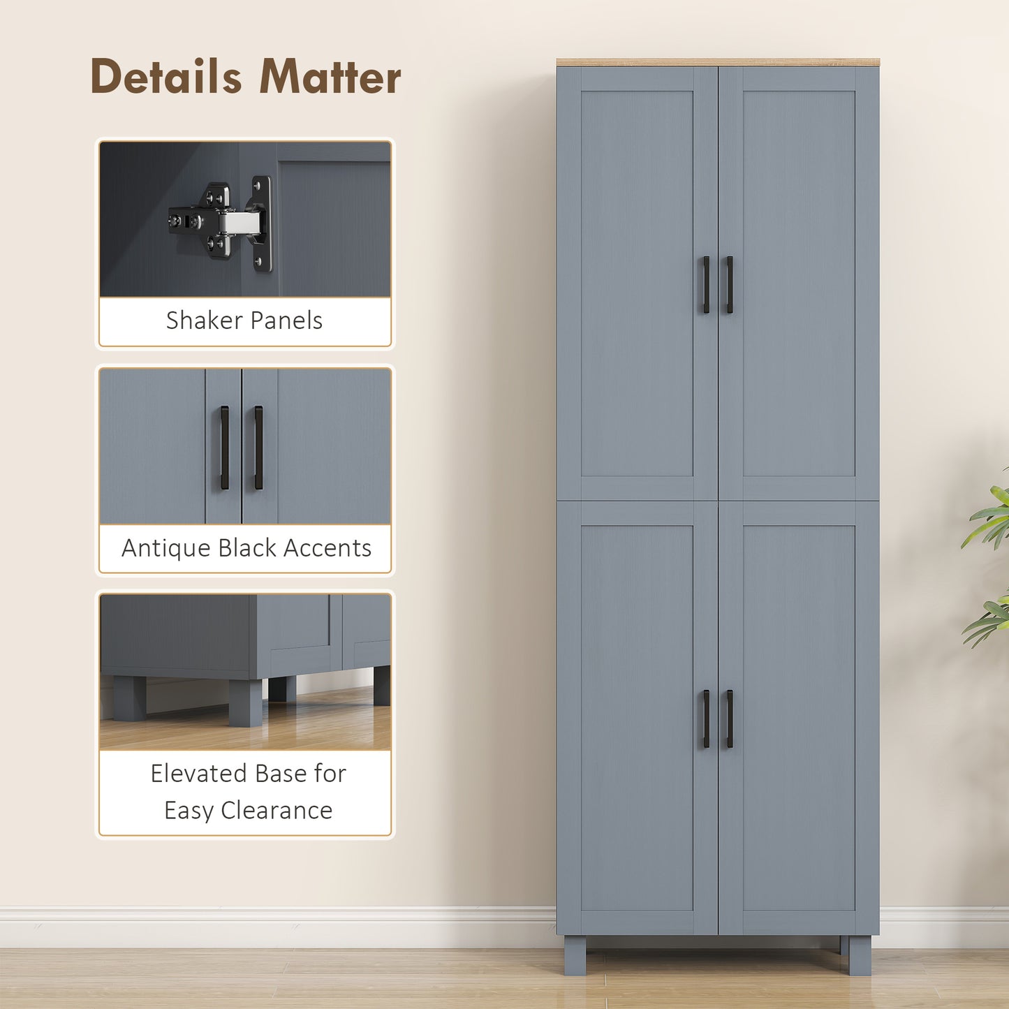Parare 171cm Wooden Grey Wood Effect 4 Door Freestanding Kitchen Pantry Cabinet