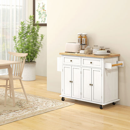 Viratto Natural and White Wooden Rolling Kitchen Island With Drawers And Storage