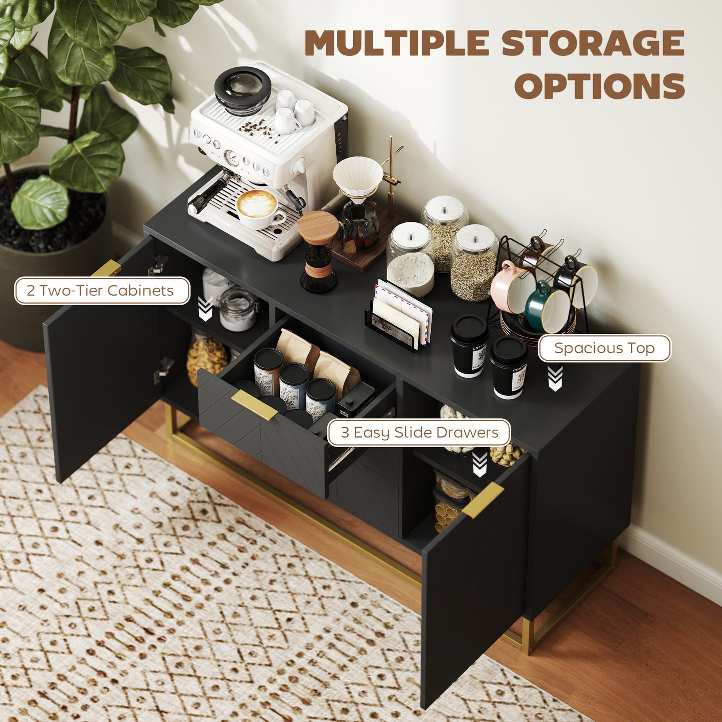 Varase Black Sideboard 3 Drawers 2 Doors Gold Accents