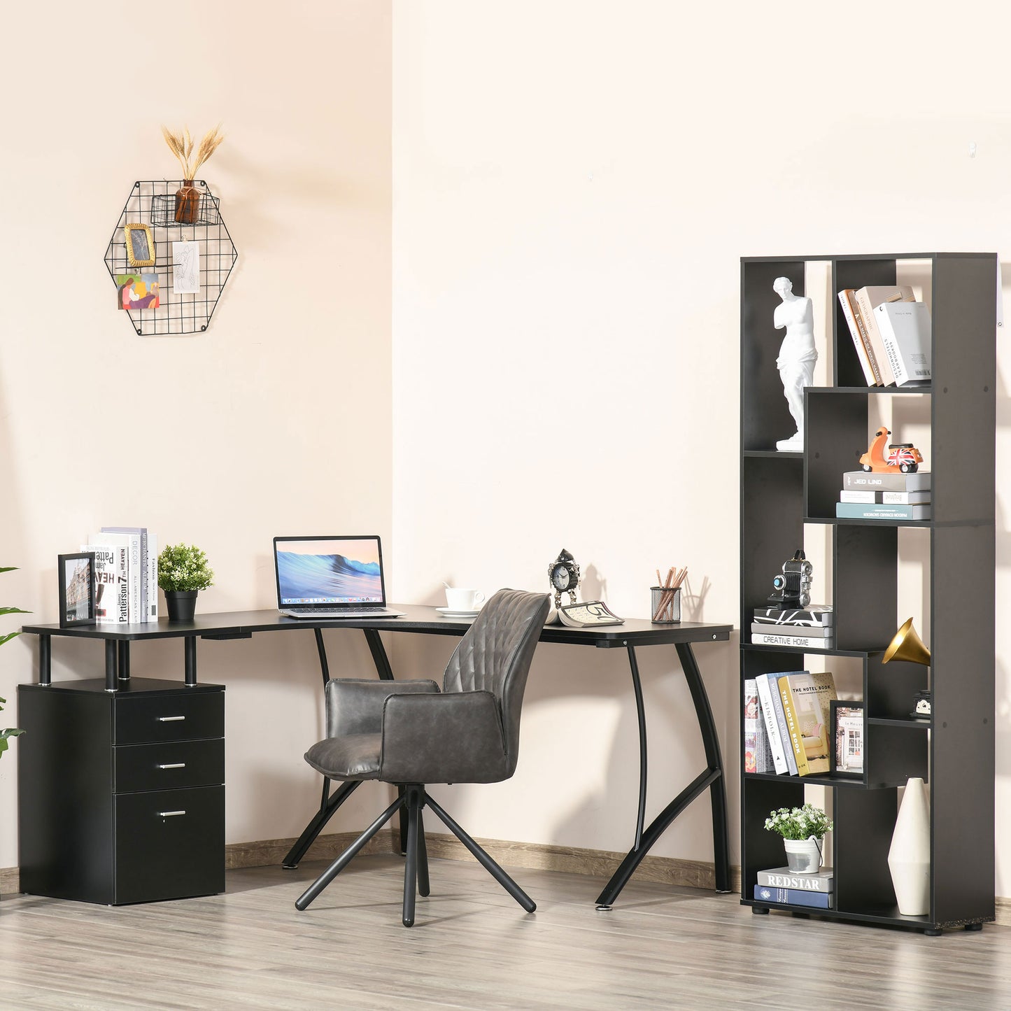 Keba 143cm Metal Black Industrial L Shaped Desk With Storage Drawer