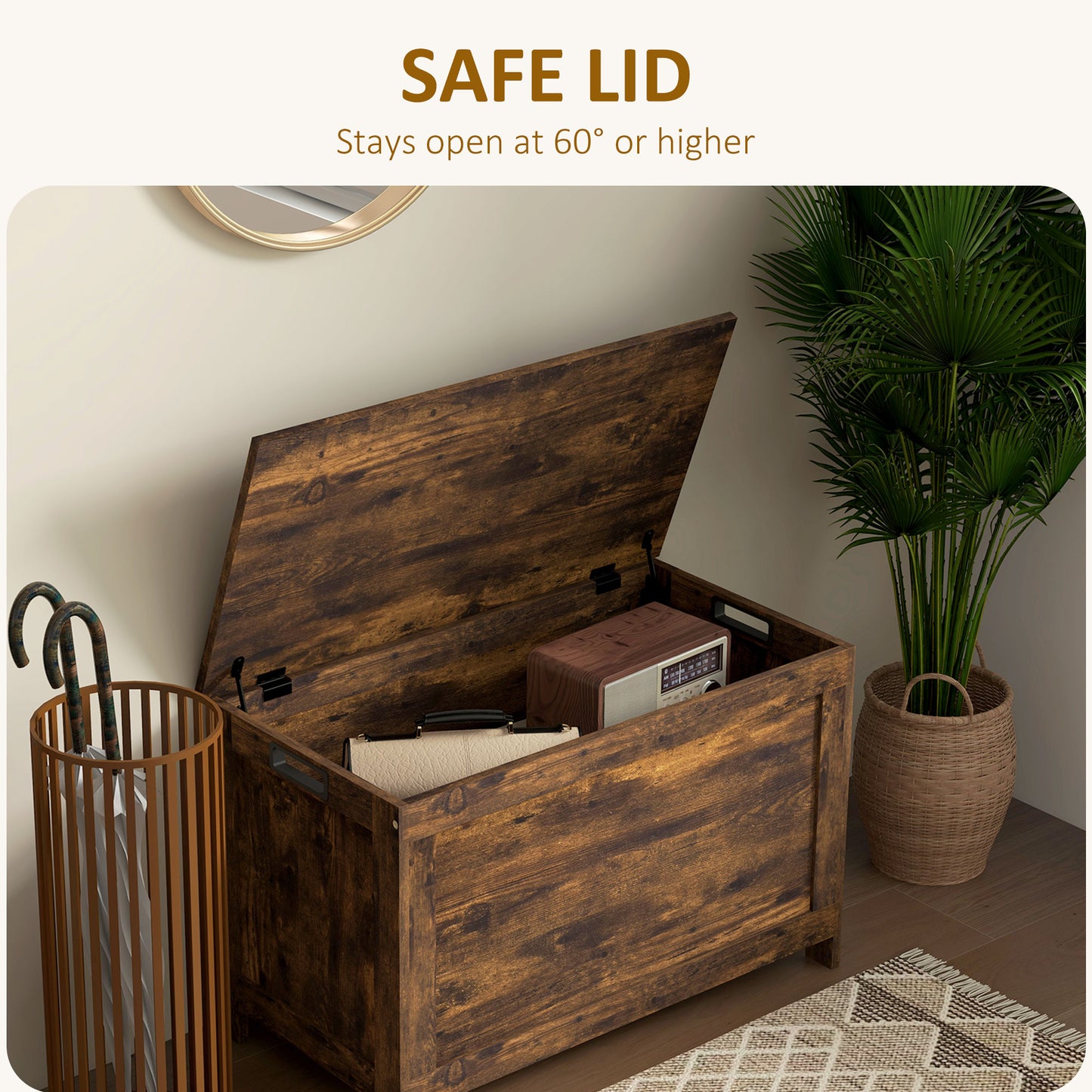 Vesoka Sake Rustic Brown Wooden Storage Chest With Safety Hinges 76 x 40 x 48 cm