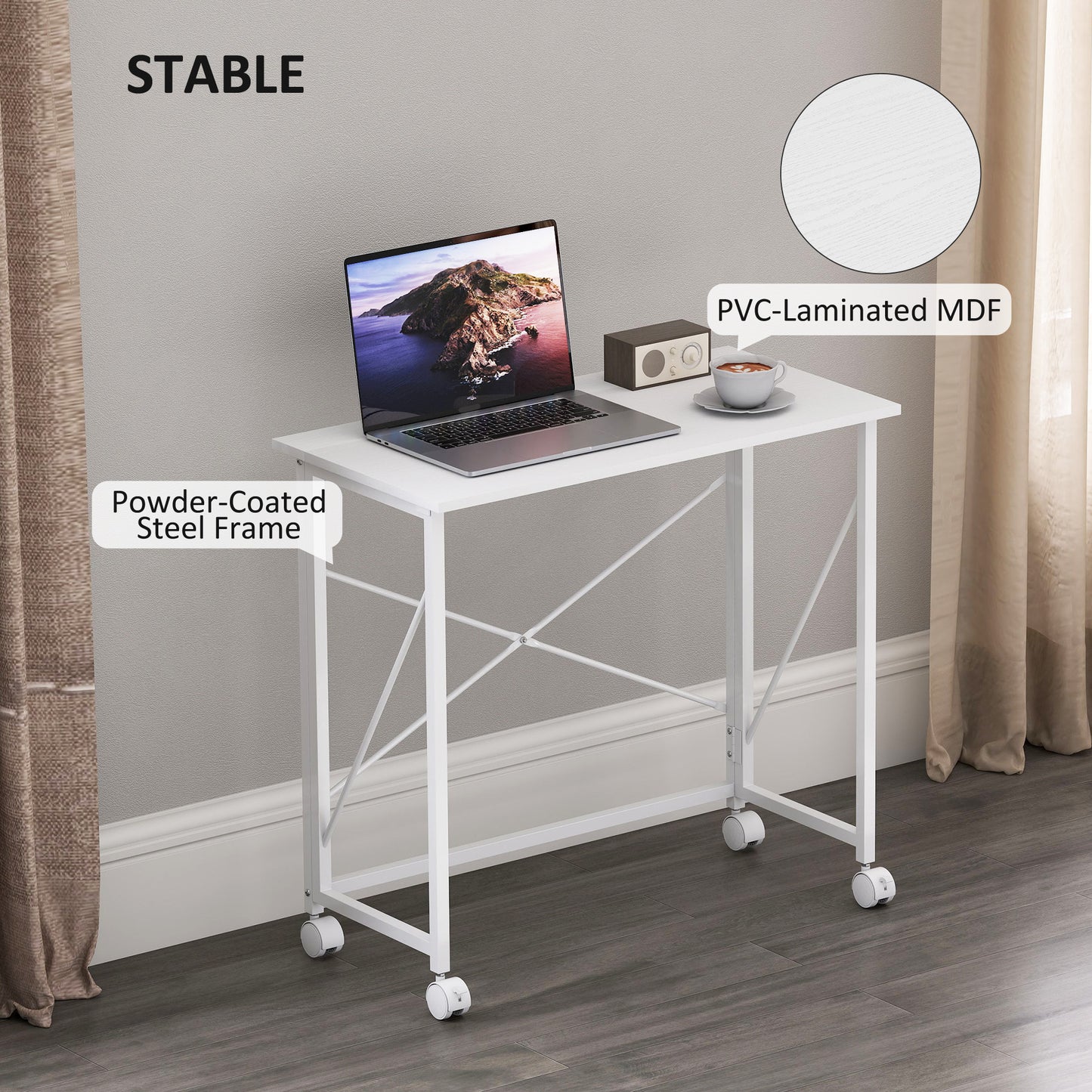 Romira 80cm Metal White Folding Desk Lockable Wheels