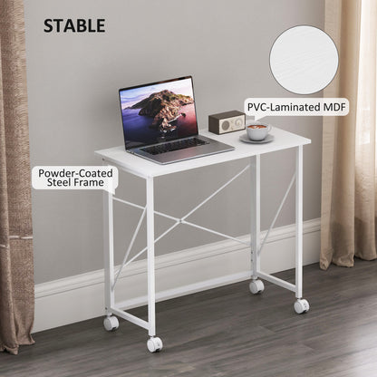Romira 80cm Metal White Folding Desk Lockable Wheels
