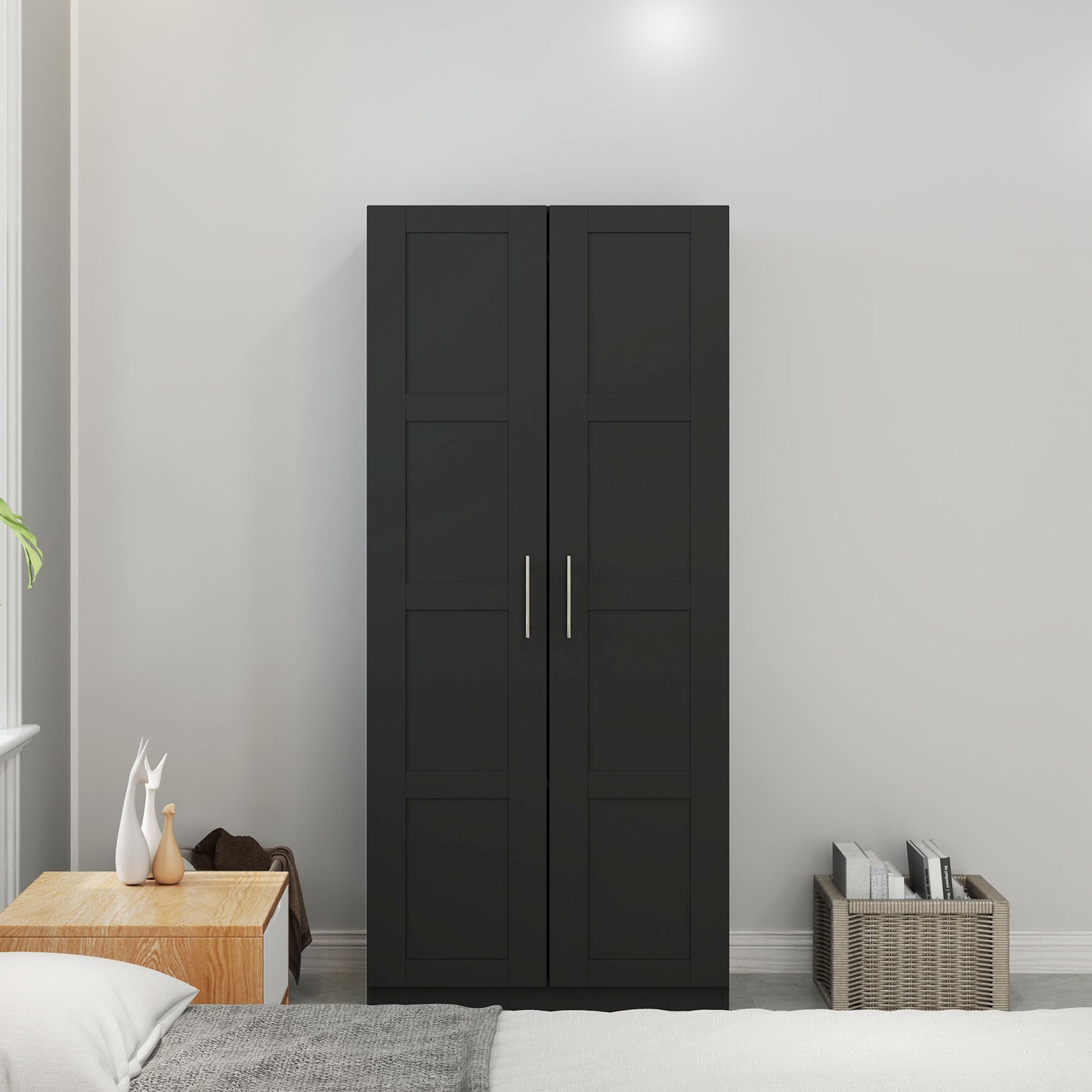 Corarani Wooden Black 2 Door Wardrobe With Hanging Rail Internal Shelving