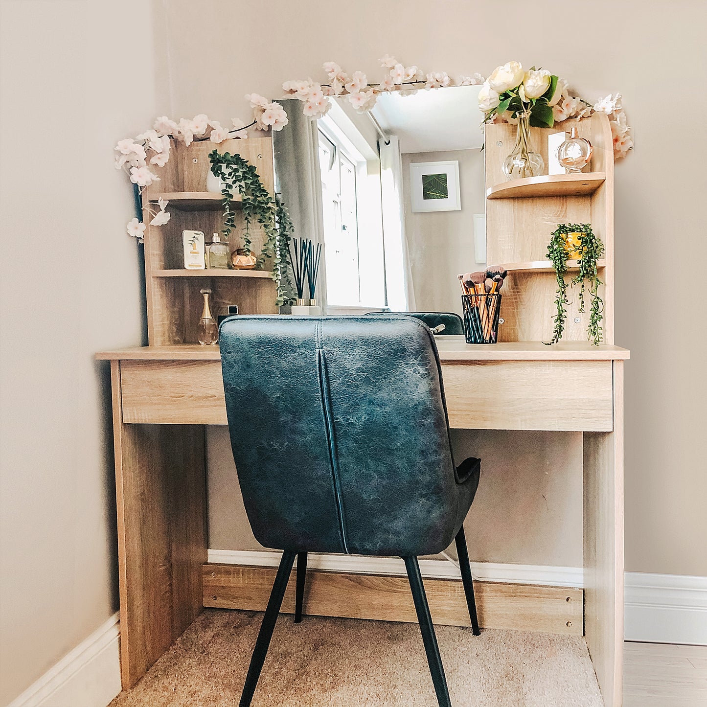 Vermani Natural Wood Dressing Table Desk With Mirror Large Drawers And 2 Tier Open Shelving For Bedroom