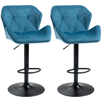 Rottira Velvet Blue Adjustable Swivel Bar Stools Set Of 2 With Sculpted Seat And Footrest