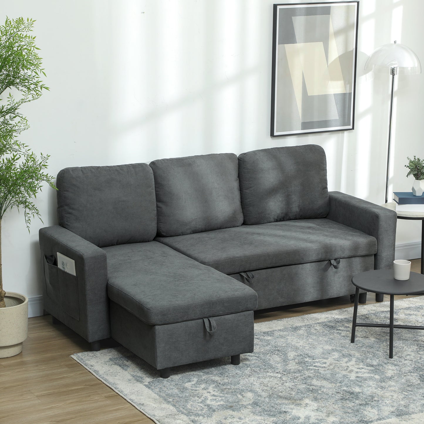 Sesune Yoli Charcoal Grey Upholstered Pull Out Sofa Bed With Storage and Side Pockets