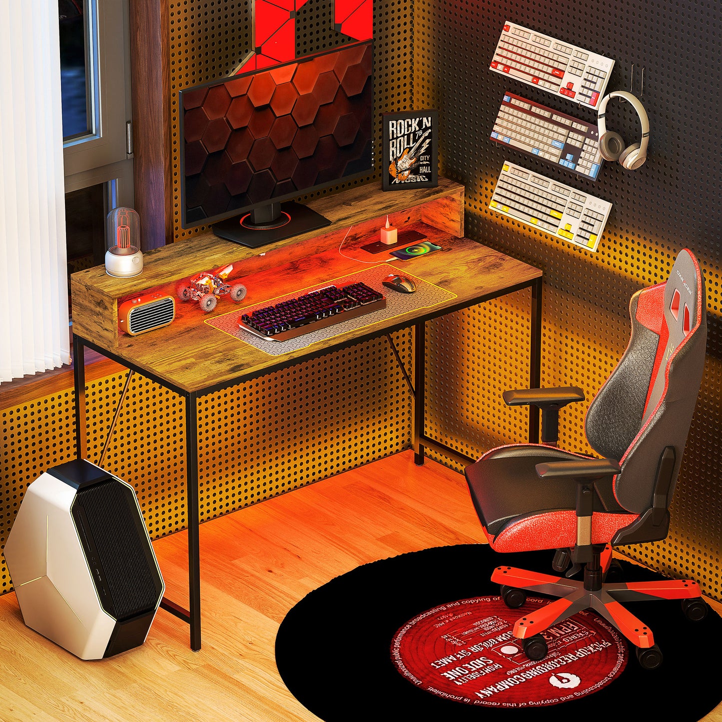 Hanive 120cm Rustic Brown Gaming Desk With LED Lights Power Outlets And Monitor Stand