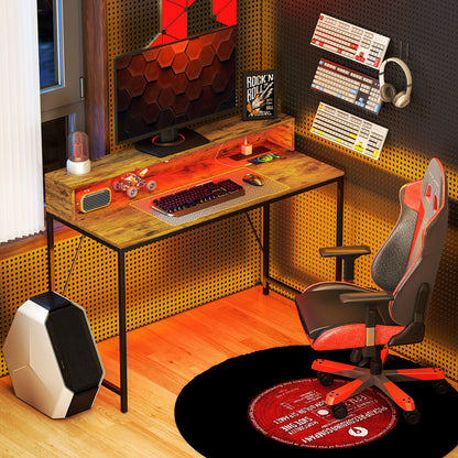Hanive 120cm Rustic Brown Gaming Desk With LED Lights Power Outlets And Monitor Stand