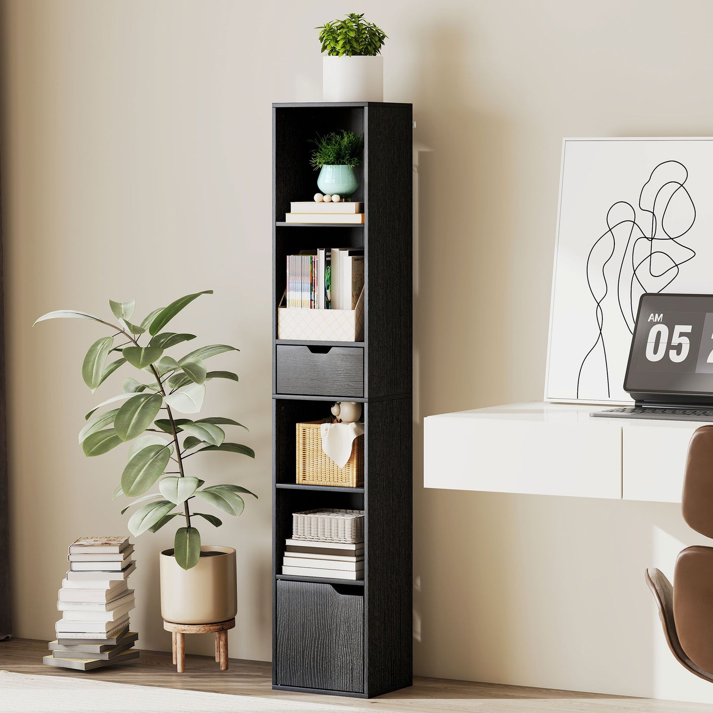 Nota Wooden Black Tall Narrow 6 Tier Bookcase With Drawer And Door
