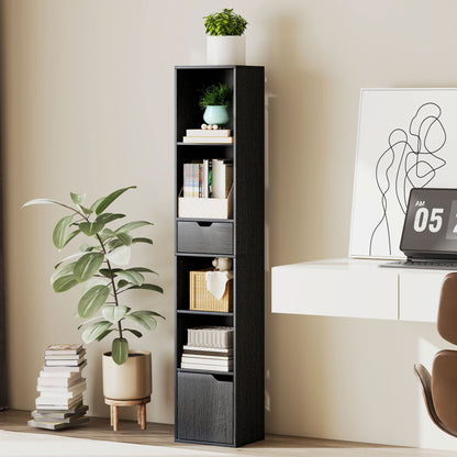 Nota Wooden Black Tall Narrow 6 Tier Bookcase With Drawer And Door