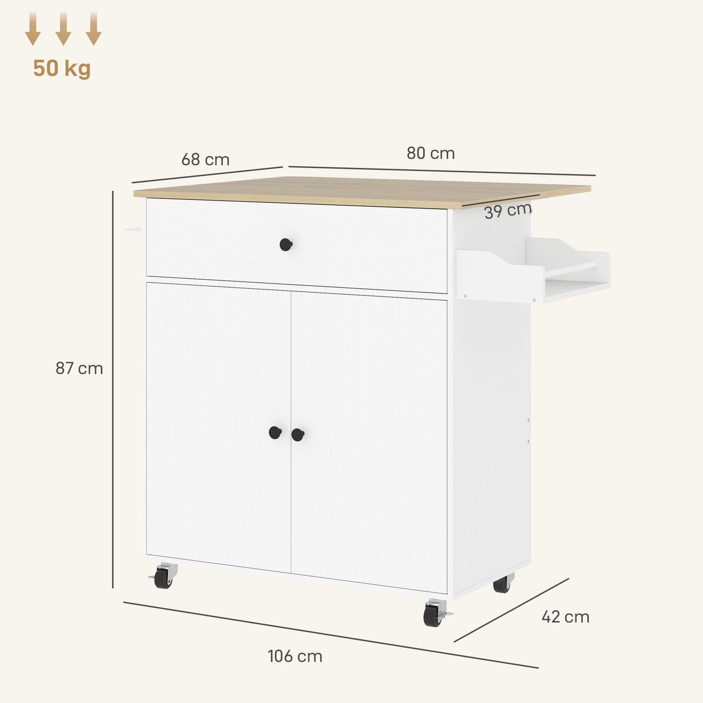 Seto Wooden White Rolling Kitchen Island With Drop Leaf Drawer Spice Rack And Towel Rail