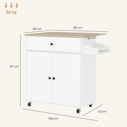 Seto Wooden White Rolling Kitchen Island With Drop Leaf Drawer Spice Rack And Towel Rail
