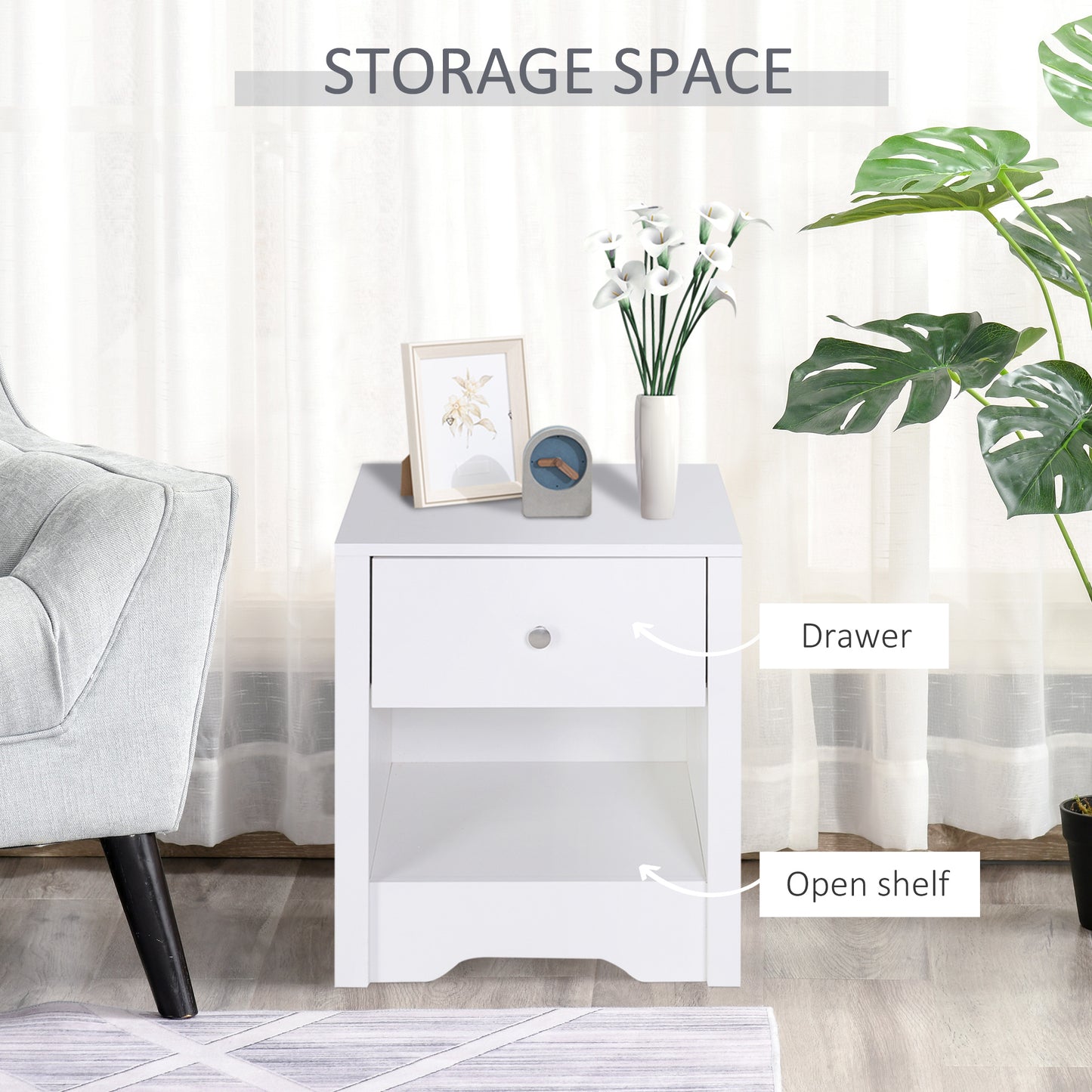 Nereva White Modern Bedside Table With Drawer And Shelf Storage