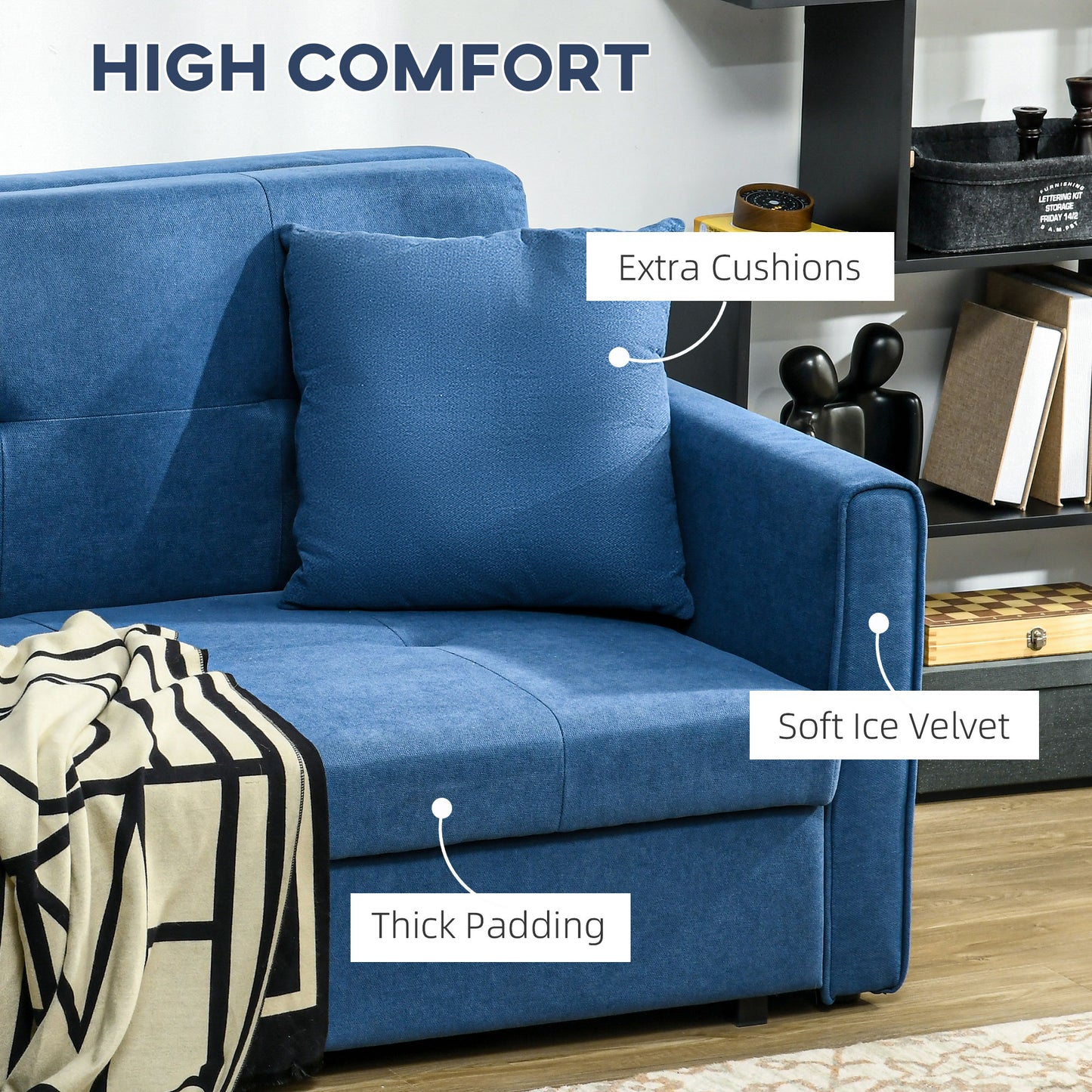 Palani Bayo Snow Flannel Deep Blue 2 Seater Sofa Bed With Hidden Storage And Cushions