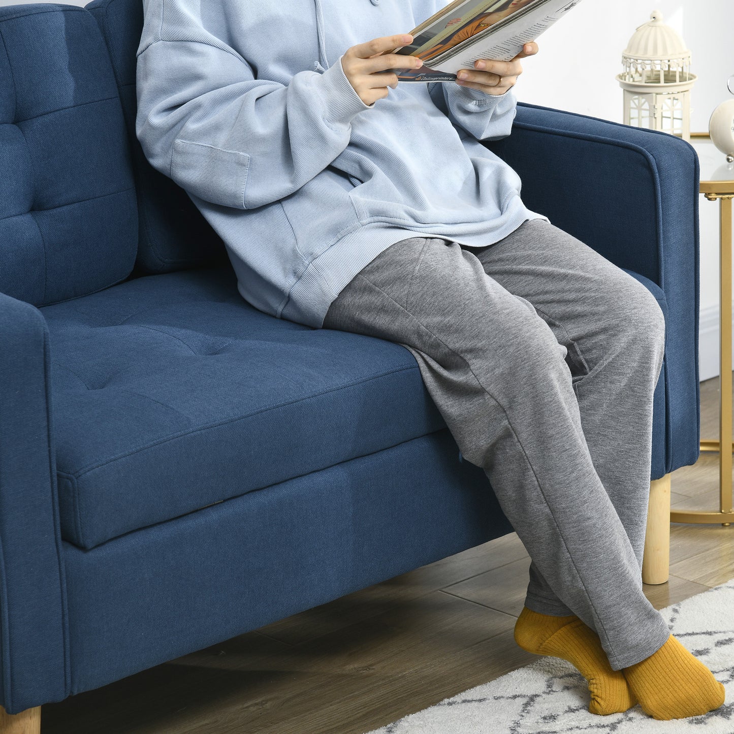 Vanasu Blue Compact 2 Seater Sofa With Hidden Storage Tufted Seat
