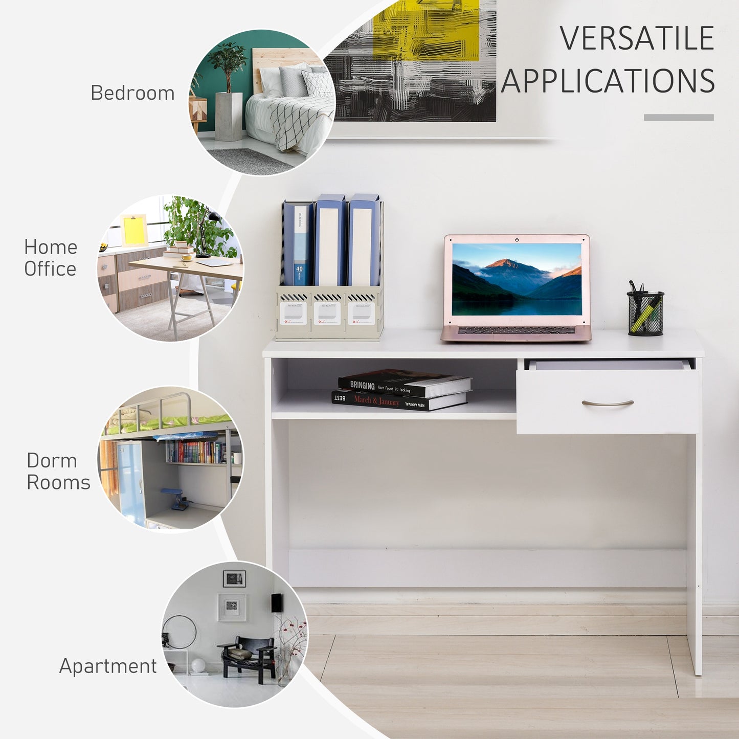 Haseva Wooden White Small Study Desk With Drawer And Storage Compartment