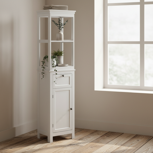 Ralo Tall Slim Bathroom Storage Cabinet With OFauxn Shelves Drawer And Soft Close Door White