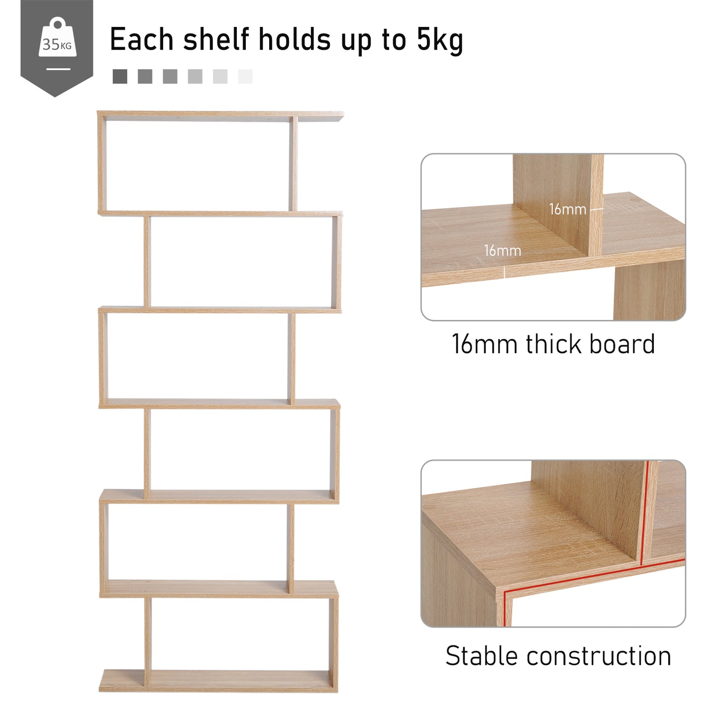 Vicovi Nava Wood Oak Finish 6 Tier S ShaFauxd Display Bookcase