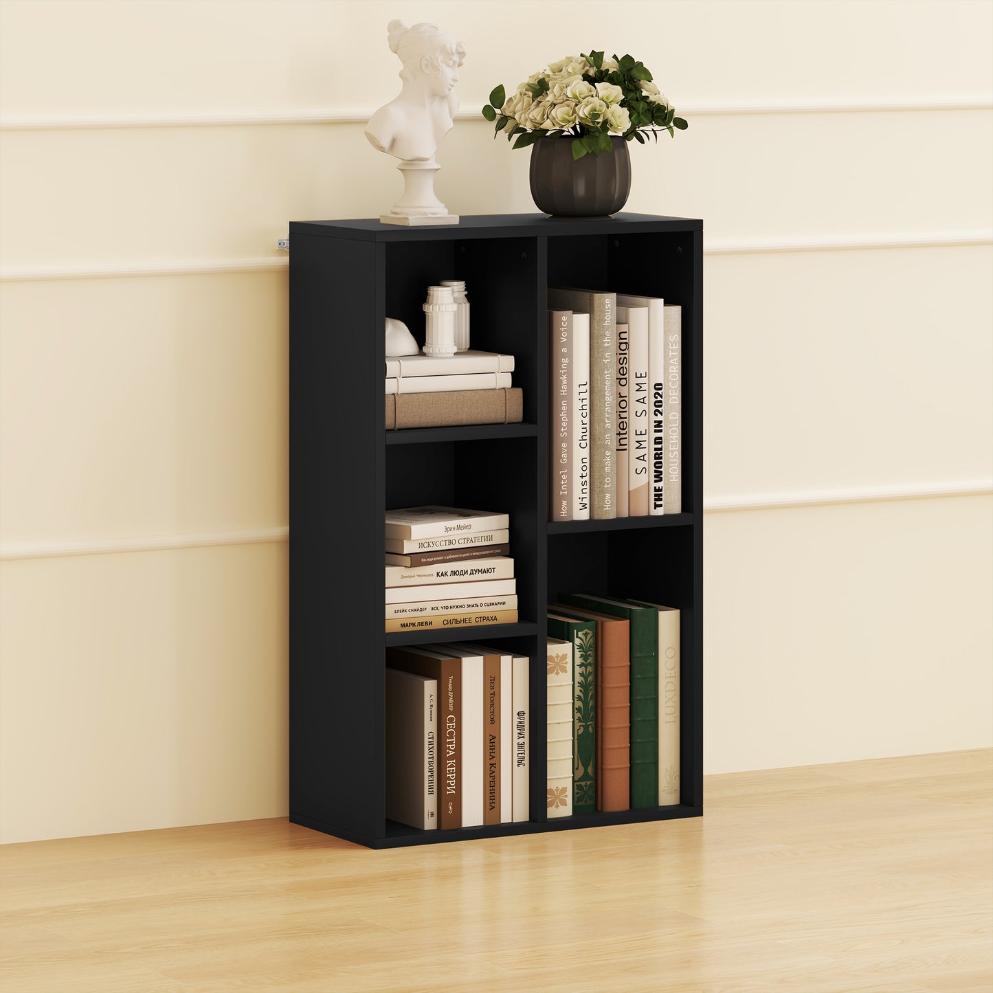 Vakeri Wood Black 2 Tier Bookcase With 5 Storage Compartments