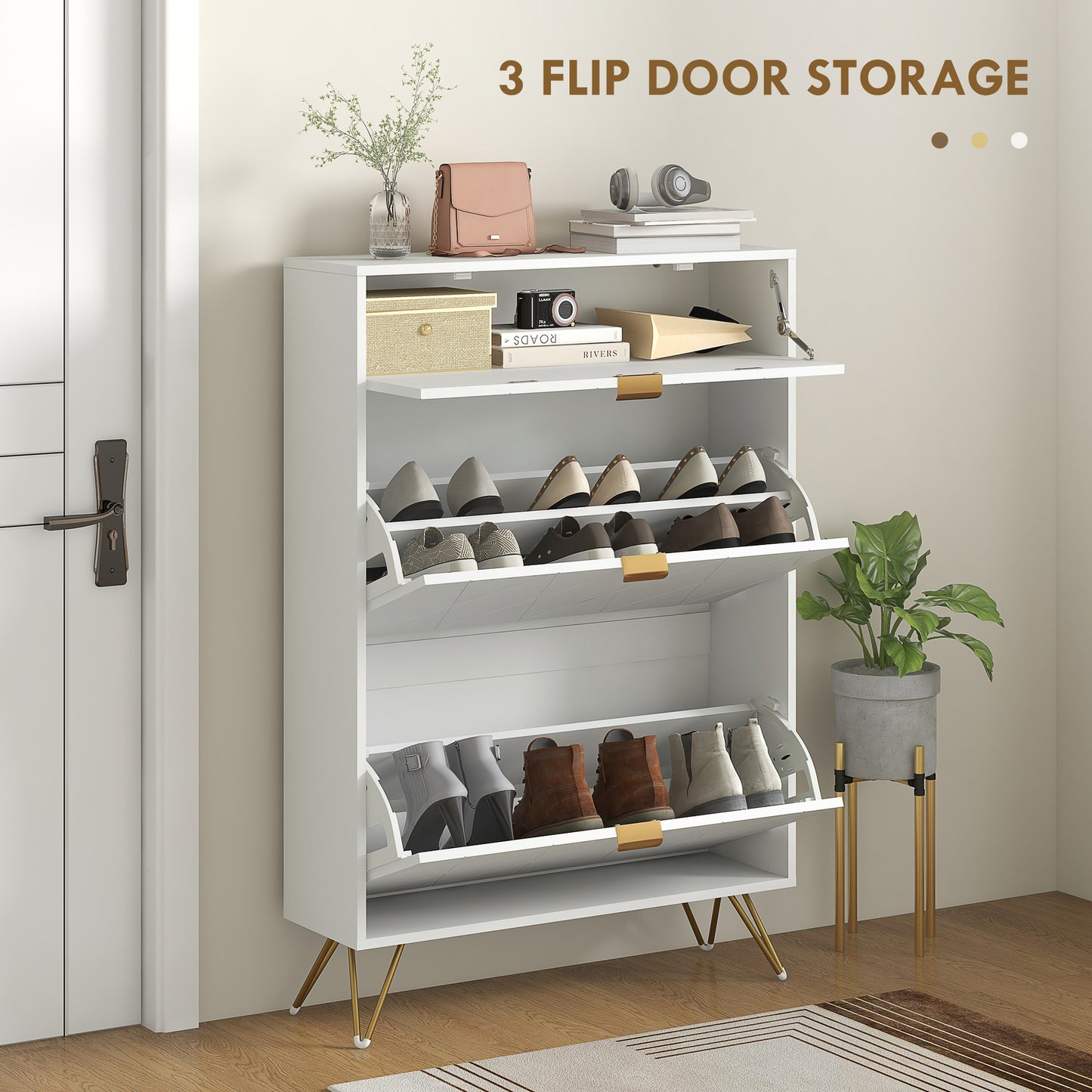 Molari Doha Wooden White Narrow Shoe Cabinet With 2 Flip Drawers