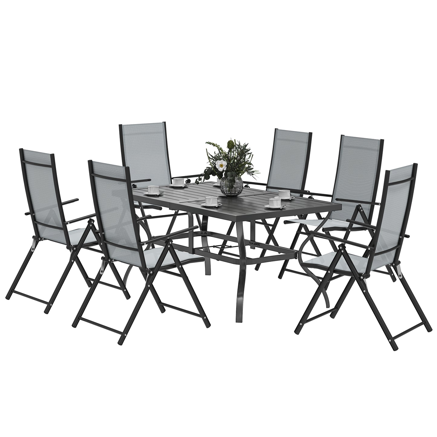 Mamoka 6 Seater Steel and Grey Mesh Outdoor Dining Set with Parasol Hole
