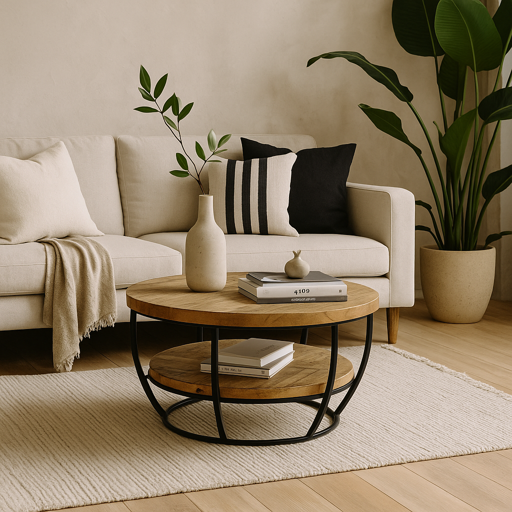 California Solid Wood and Metal Round Coffee Table With Shelf