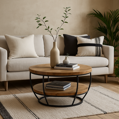 California Solid Wood and Metal Round Coffee Table With Shelf