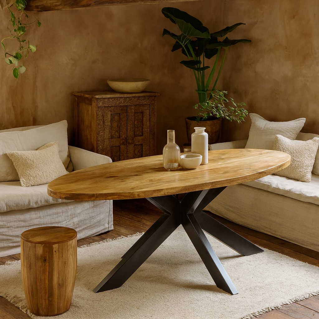 California Solid Mango Wood and Black Metal Oval Dining Table 6 Seater