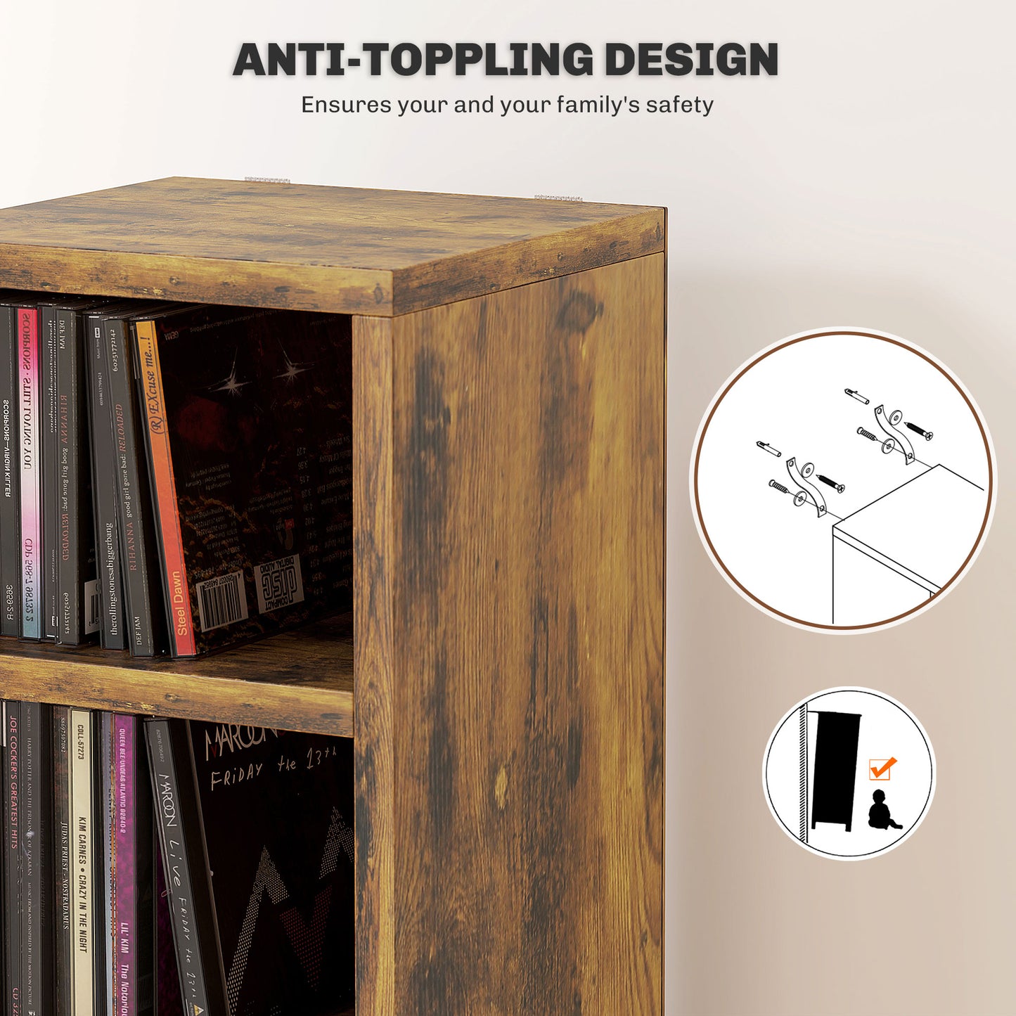 Nedito Wood Rustic Brown Tall Narrow Media Storage Tower With 204 Disc Capacity
