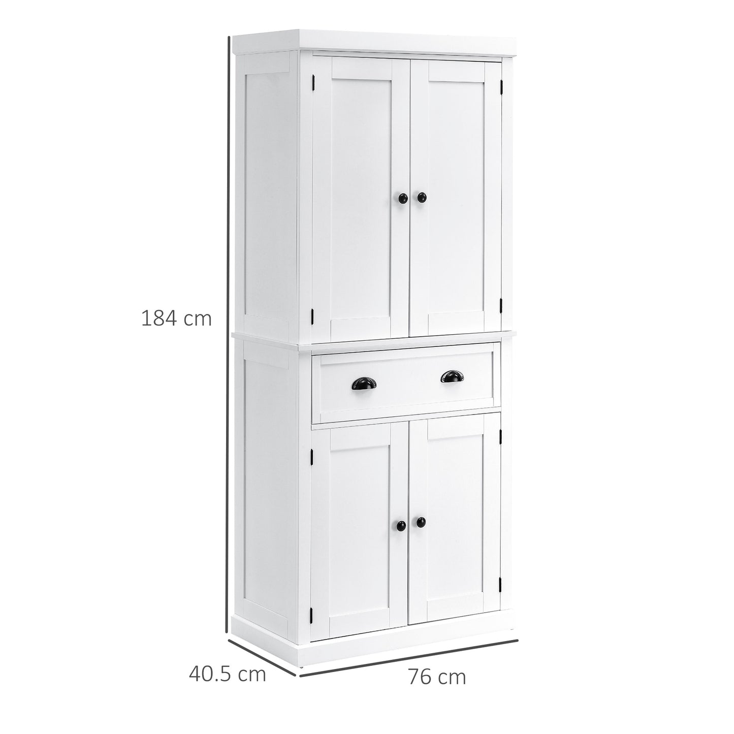 Fayo Wooden White Tall Colonial Style Kitchen Pantry Cabinet 4 Doors And Drawer