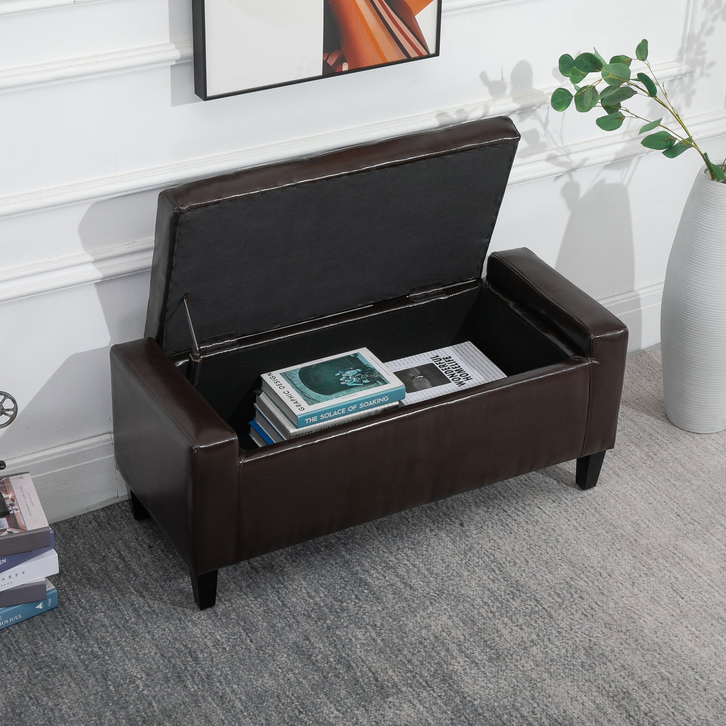Rira Faux Leather Brown Storage Ottoman Bench With Diamond Tufted Seat