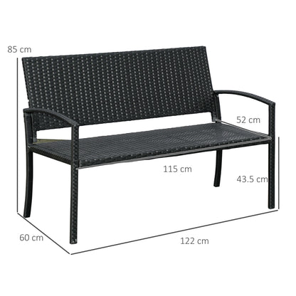Vasu Rattan Black 2 Seater Outdoor Garden Bench With Armrests And Reinforced Backrest