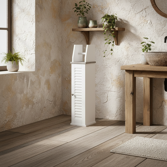 Semike Slim Bathroom Floor Storage Cabinet With Toilet Roll Holder Cupboard And Adjustable Shelving White