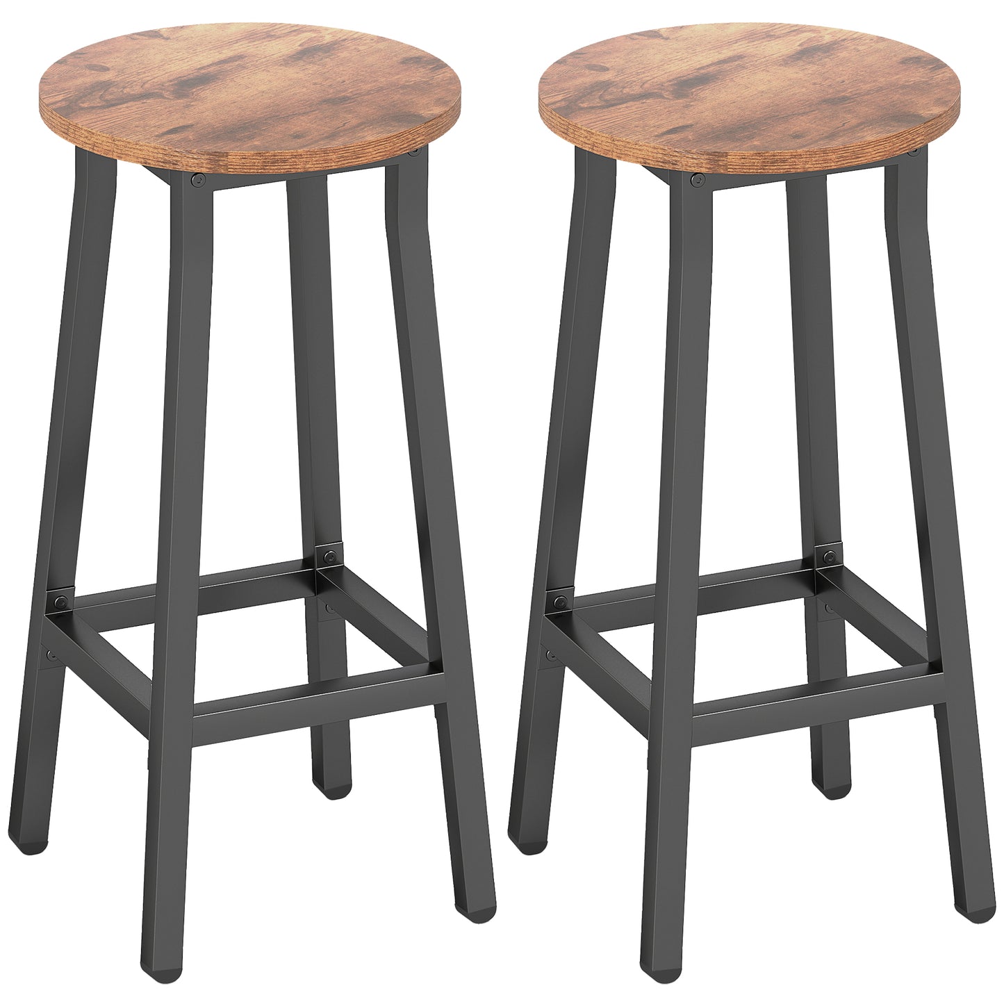 Rema Set Of 2 Rustic Brown Industrial Round Bar Stools With Footrest 65cm