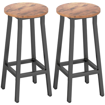 Rema Set Of 2 Rustic Brown Industrial Round Bar Stools With Footrest 65cm