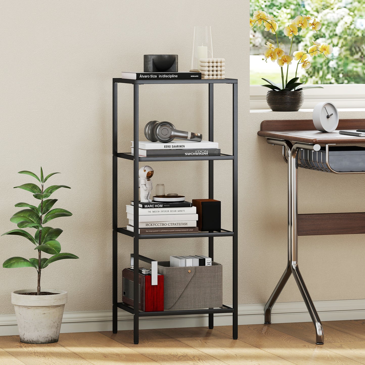 Elso Metal And Glass Black 4 Tier Vertical Shelving Unit For Living And Office Use