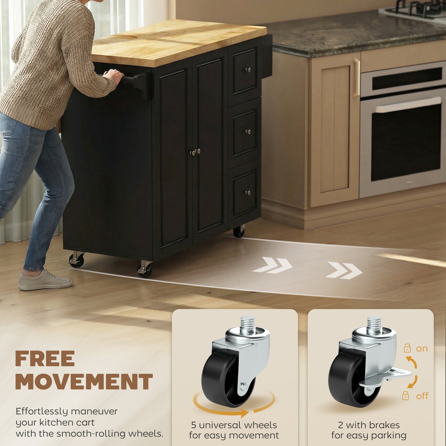 Rolelo Wooden Black Rolling Kitchen Island With Drop Leaf Drawer Towel And Spice Racks