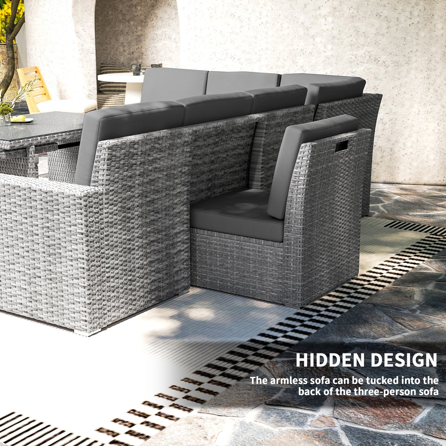 Nomiri 10 Seater Rattan Light Grey Outdoor Garden Sofa Set With Extendable Dining Table
