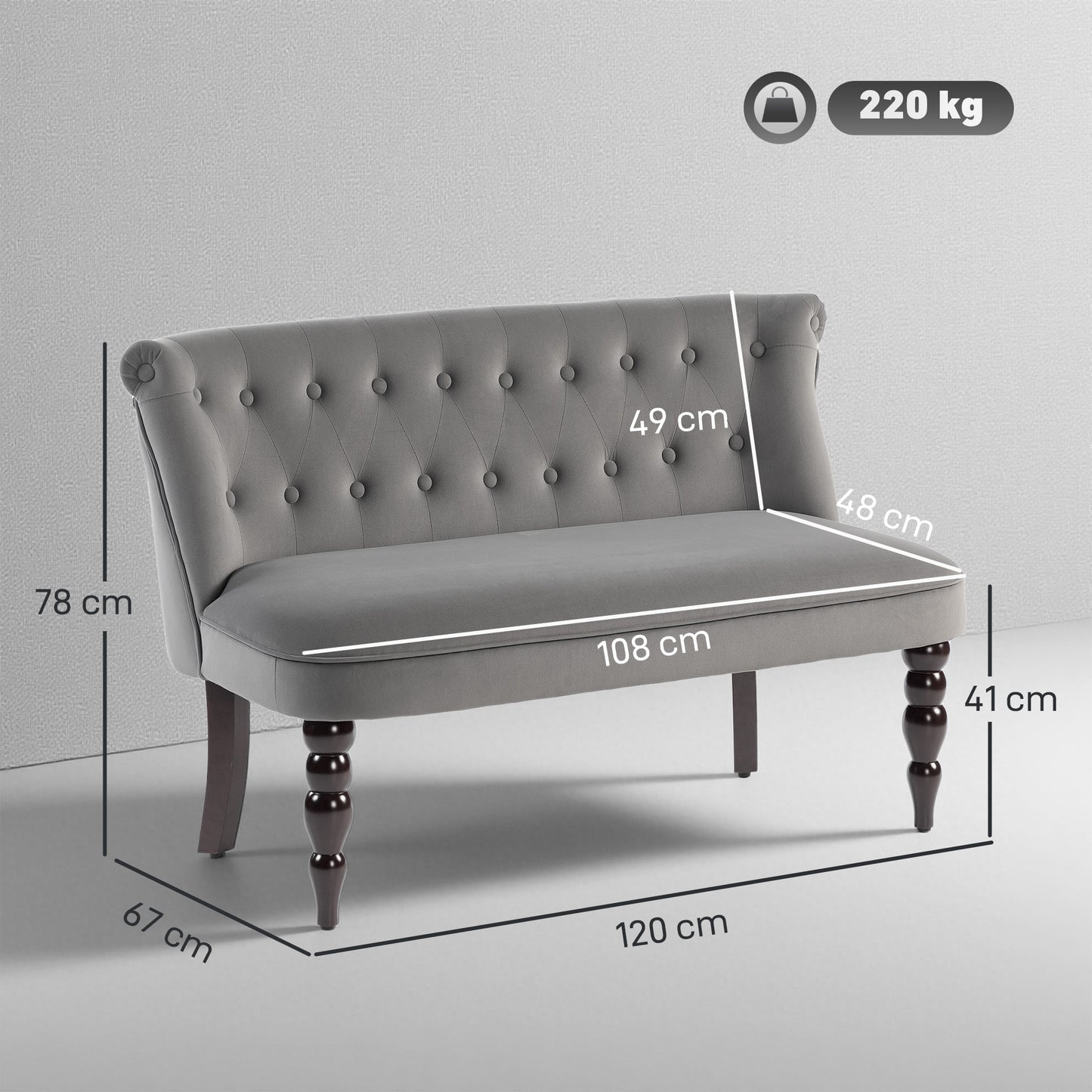 Nolali Velvet Grey Diamond Button Tufted Wingback 2 Seater Sofa
